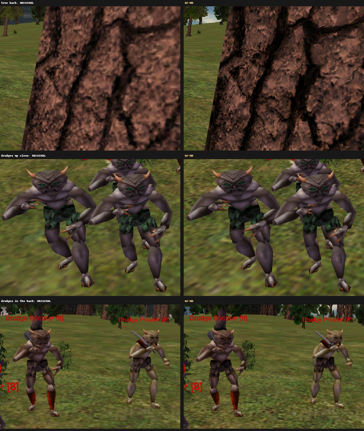 Close-ups of tree bark and drudges, original vs AC-HD