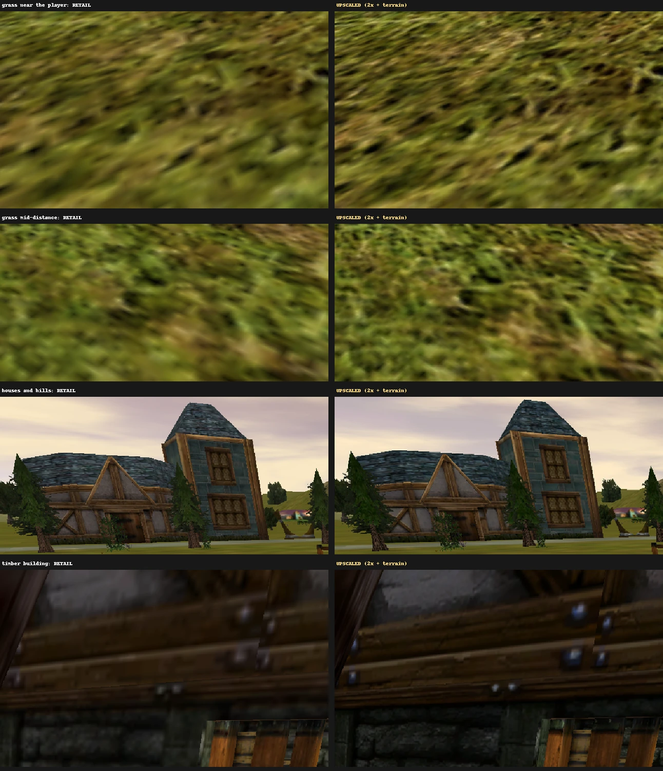 Close-ups of grass, houses and a timber building, original vs AC-HD