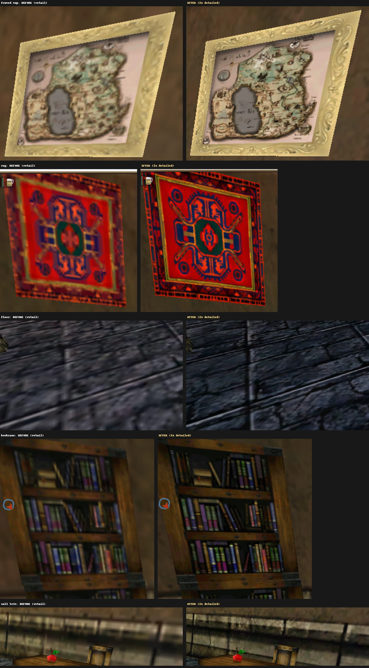 Close-ups of the framed map, rug, floor, bookcase and wall trim, original vs AC-HD