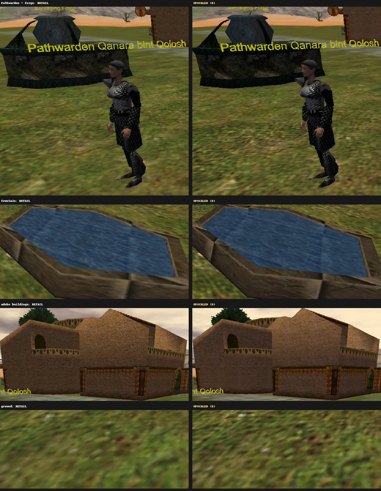 Close-ups of the armored NPC, fountain, buildings and ground, original vs AC-HD