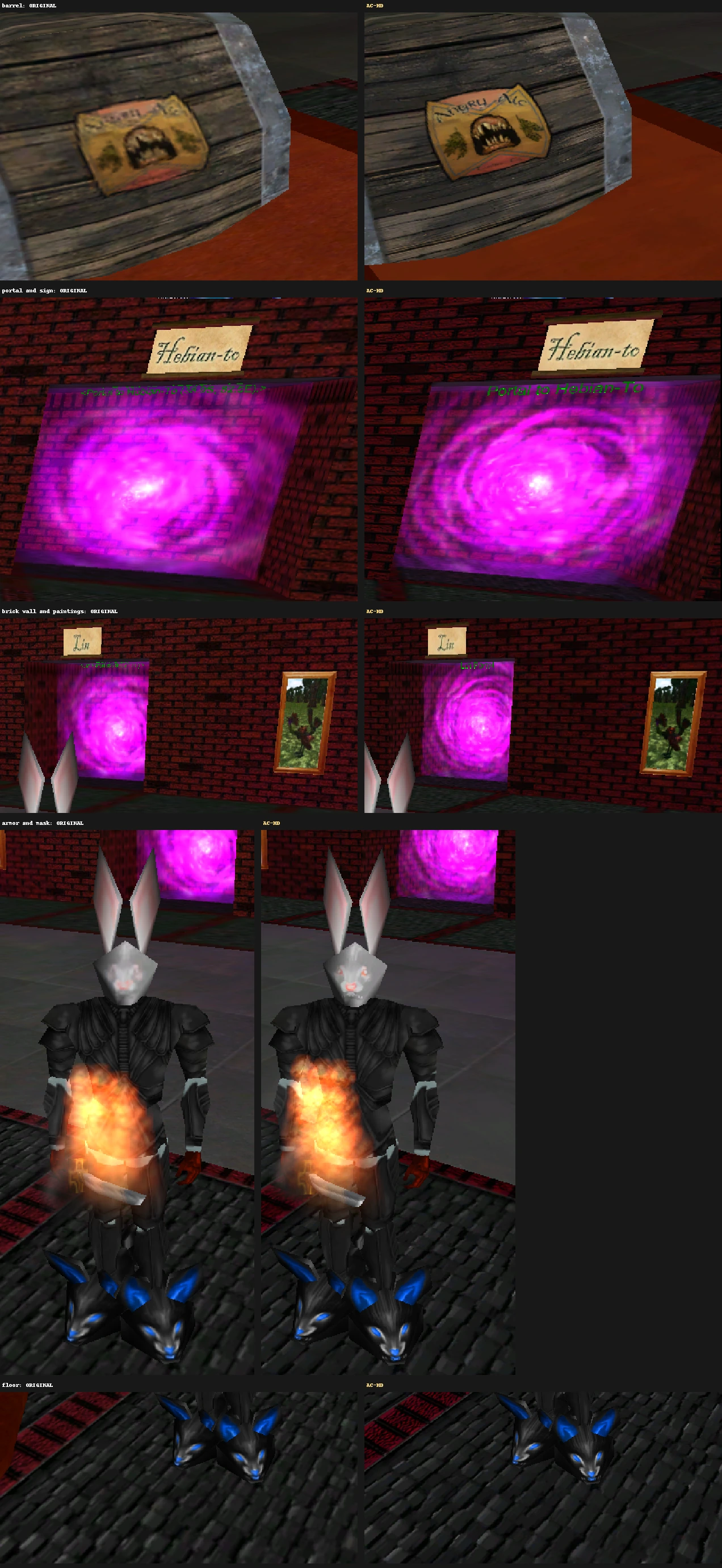 Close-ups of a barrel, a portal, brick walls, armor and the floor, original vs AC-HD